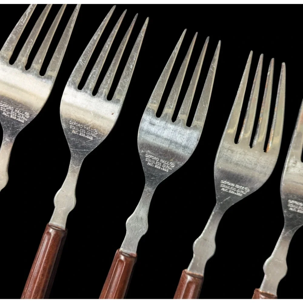 Vintage Oxford Hall Stainless Forks Japan Brown Plastic Handle 5 Pieces 1973 MCM